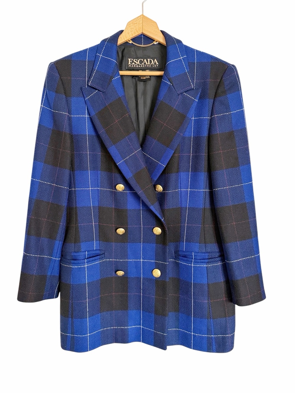 Vintage Escada Royal Navy Blue Plaid Wool Preppy Double Breasted Blazer sz 42 EU